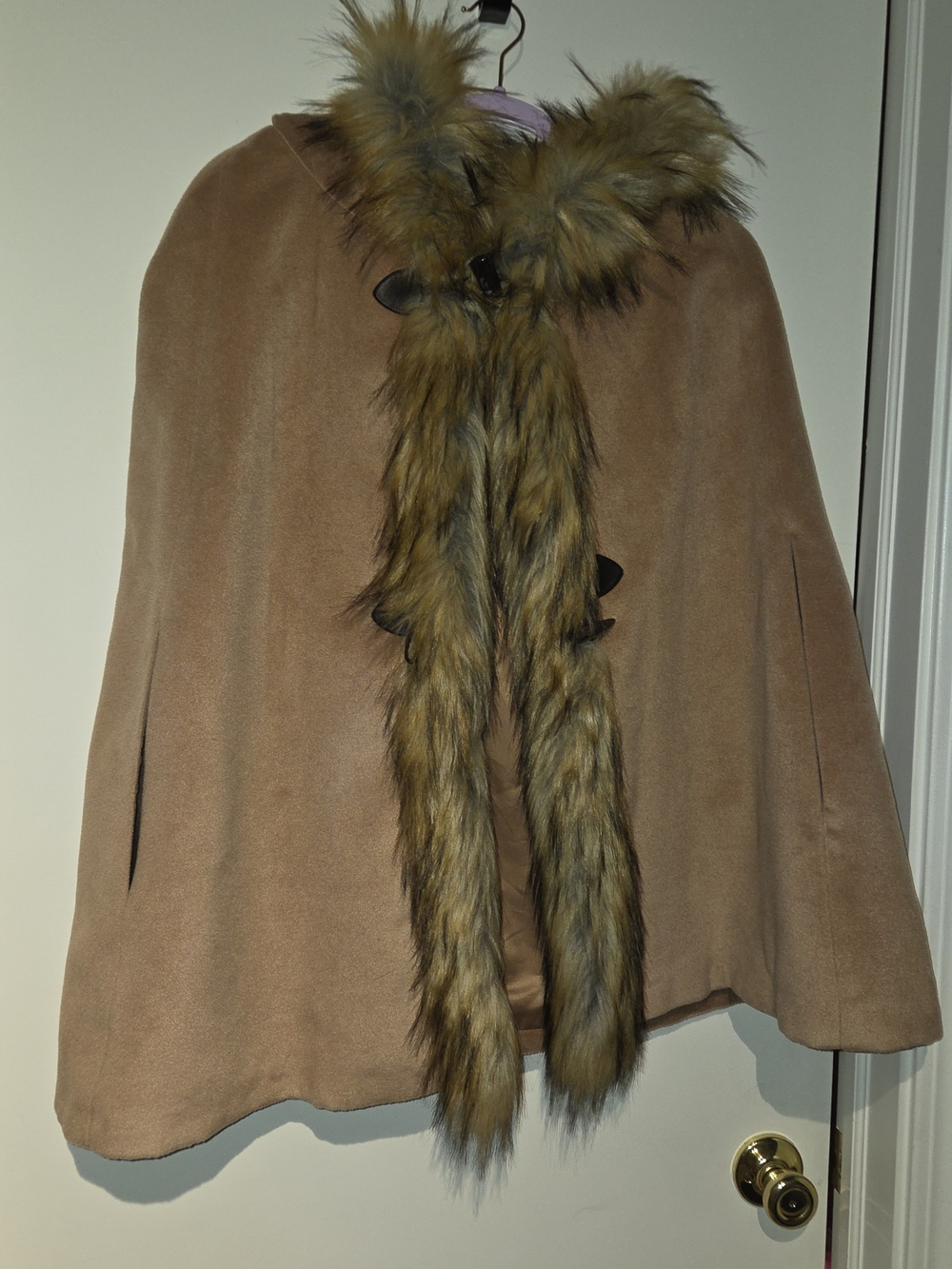 Women's Tan Faux Fur-Trim Cape Jacket